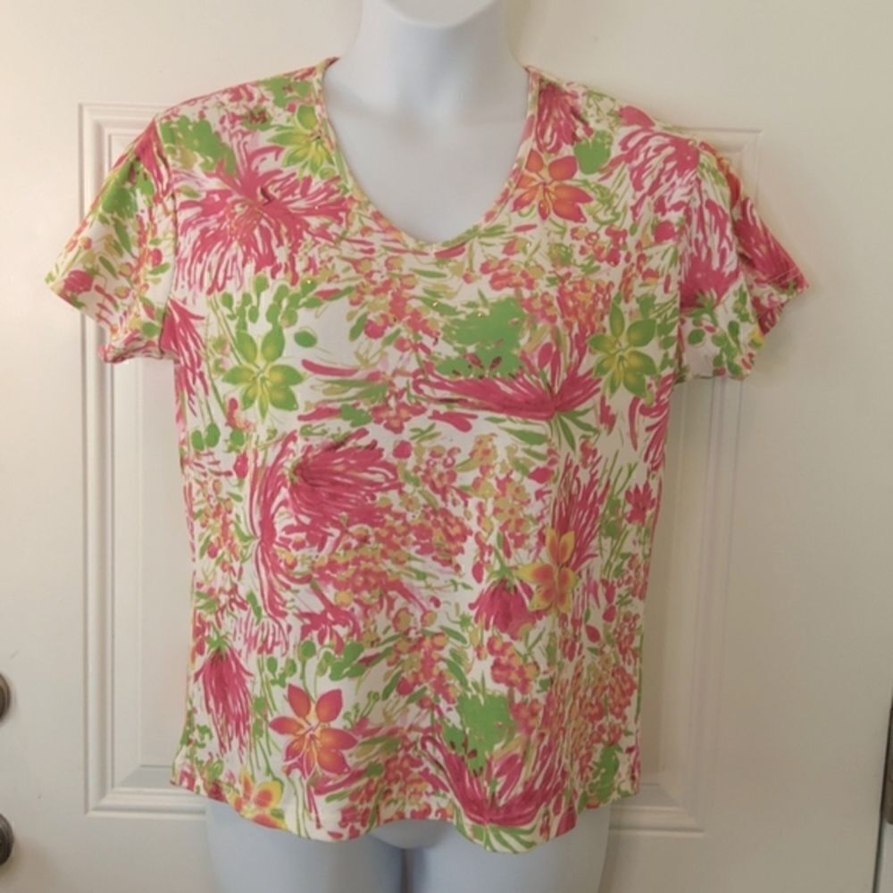 North Crest fuchsia green and white floralโshort sleeve t-shirt withโstuds